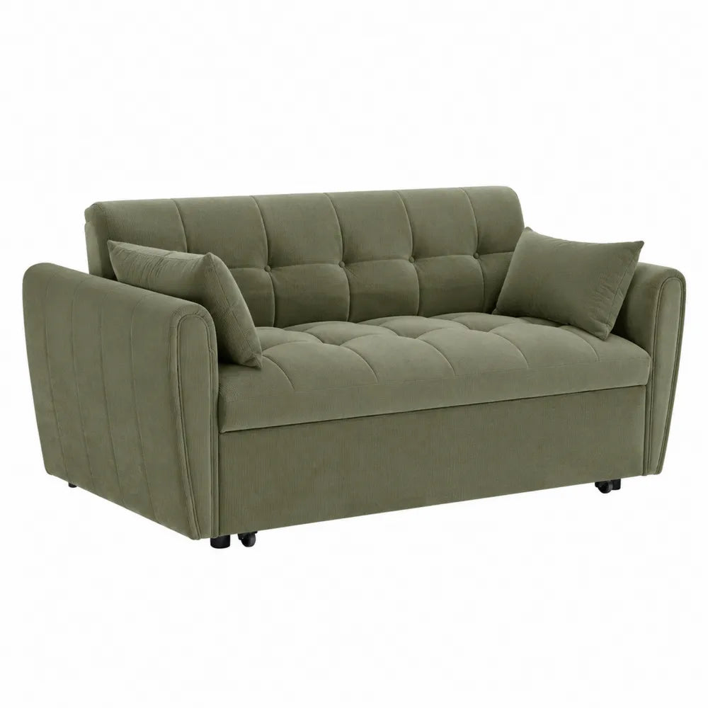 Sofá cama de 2 plazas en tela de pana verde con cojines, 190x95x85 cm