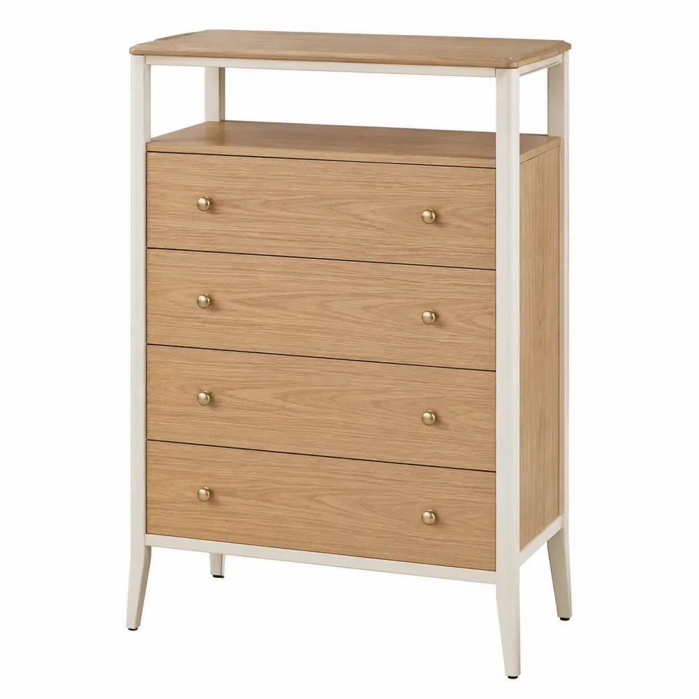 Cómoda de madera con 4 cajones y estructura de metal blanco