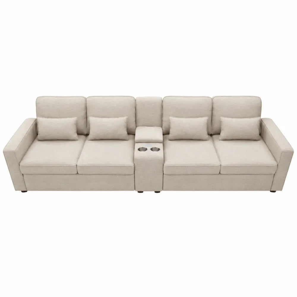 Sofá modular de poliéster beige de 4 plazas con portavasos