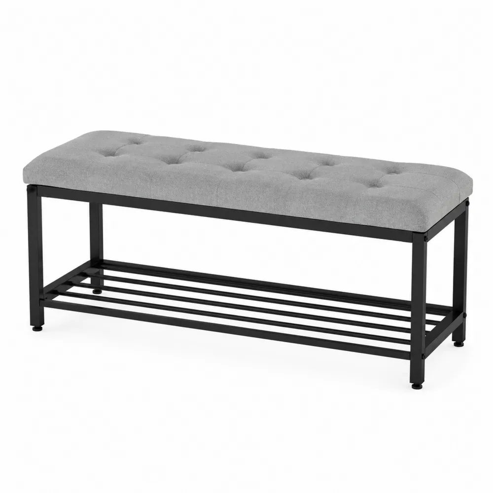 Banco de metal y tela gris con almacenamiento 100x40x45 cm