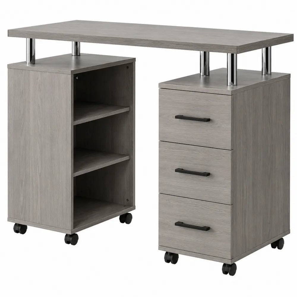 Escritorio de MDF gris con ruedas y cajonera 120x60x75 cm