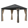 Pérgola de aluminio negro con techo metálico y cortinas de poliéster beige 3x4m