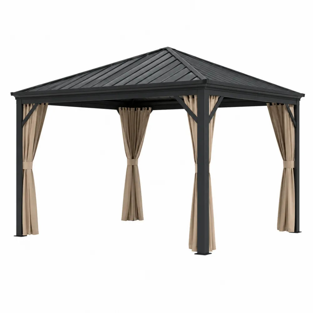 Pérgola de aluminio negro con techo metálico y cortinas de poliéster beige 3x4m