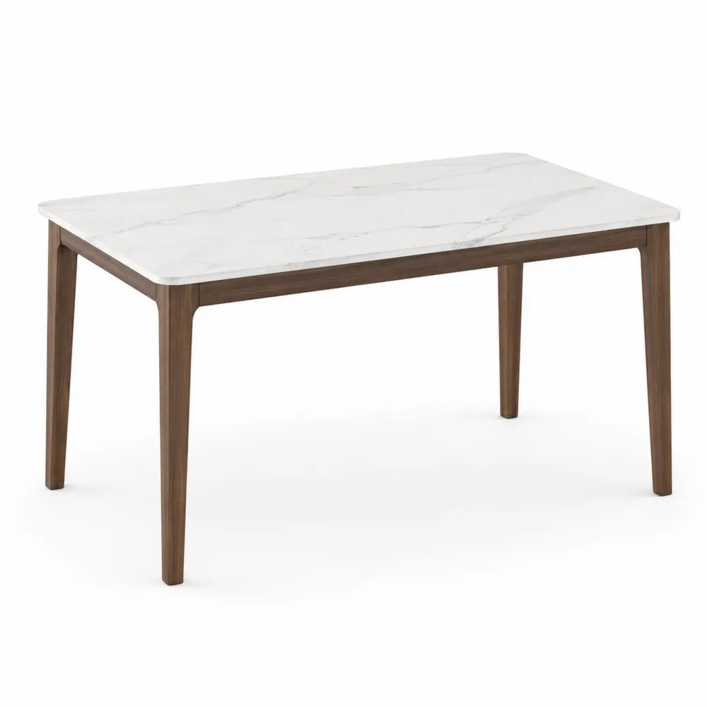 Mesa de comedor de mármol blanco y patas de madera de nogal
