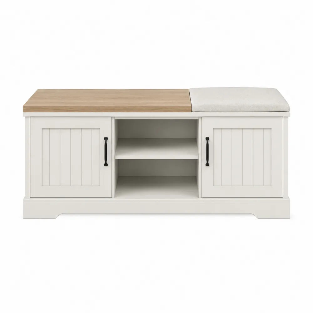 Banco blanco de madera con cojín beige y encimera de roble