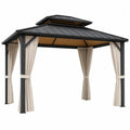 Pérgola de aluminio con techo de acero y cortinas beige