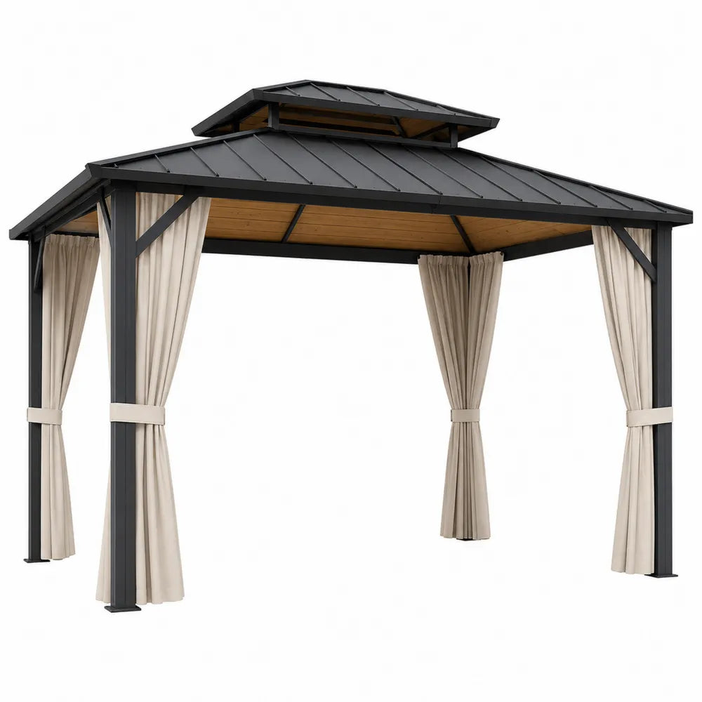 Pérgola de aluminio con techo de acero y cortinas beige
