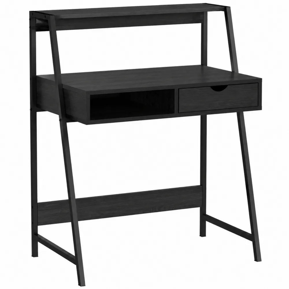 Escritorio de MDF y metal negro con estante y cajón