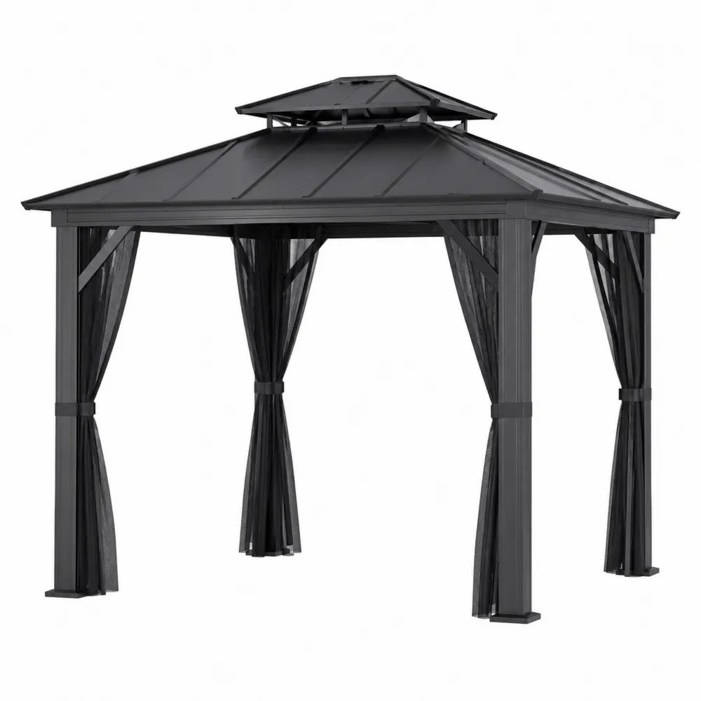Pérgola de metal con techo de acero galvanizado y cortinas 300x300x270 cm