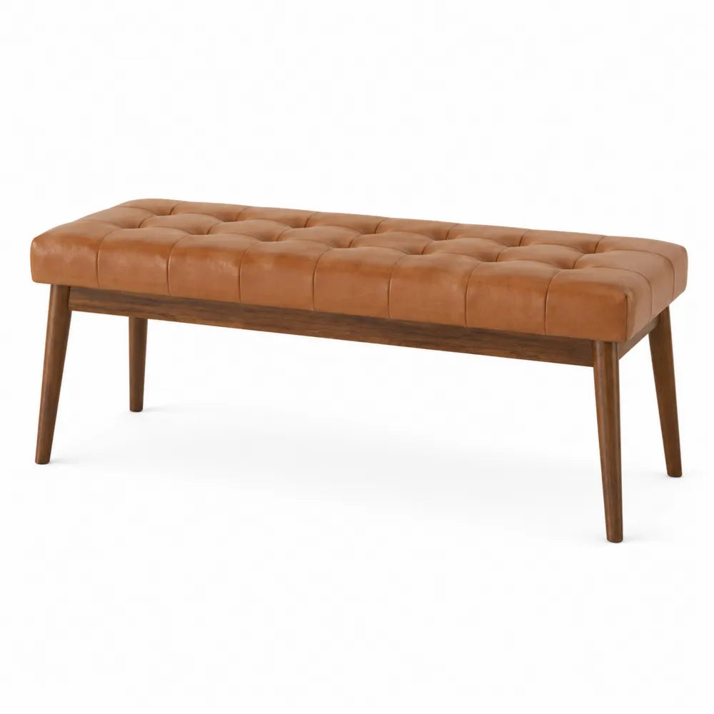 Banco de cuero sintético marrón con patas de madera 120x40x45cm