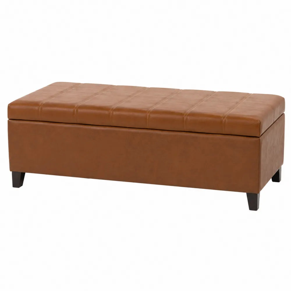 Banco de almacenamiento marrón piel sintética y madera 100x40x45 cm
